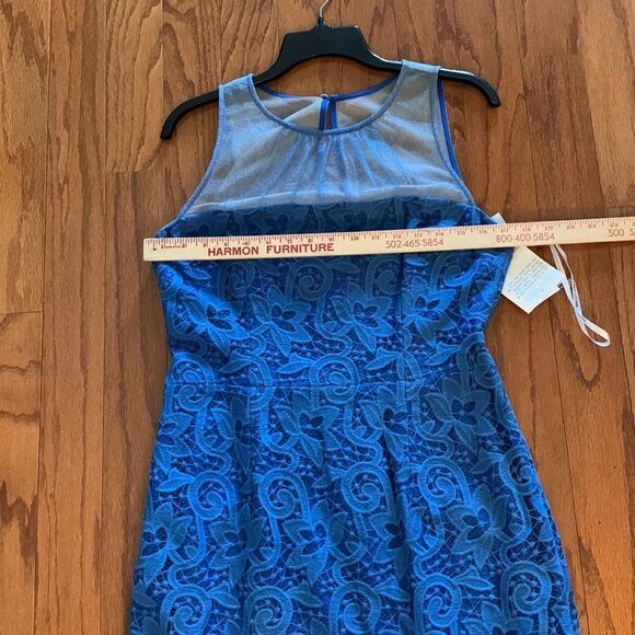 Maggy London size 10 blue lace dress w/sheer above bustline. Royal blue  lining